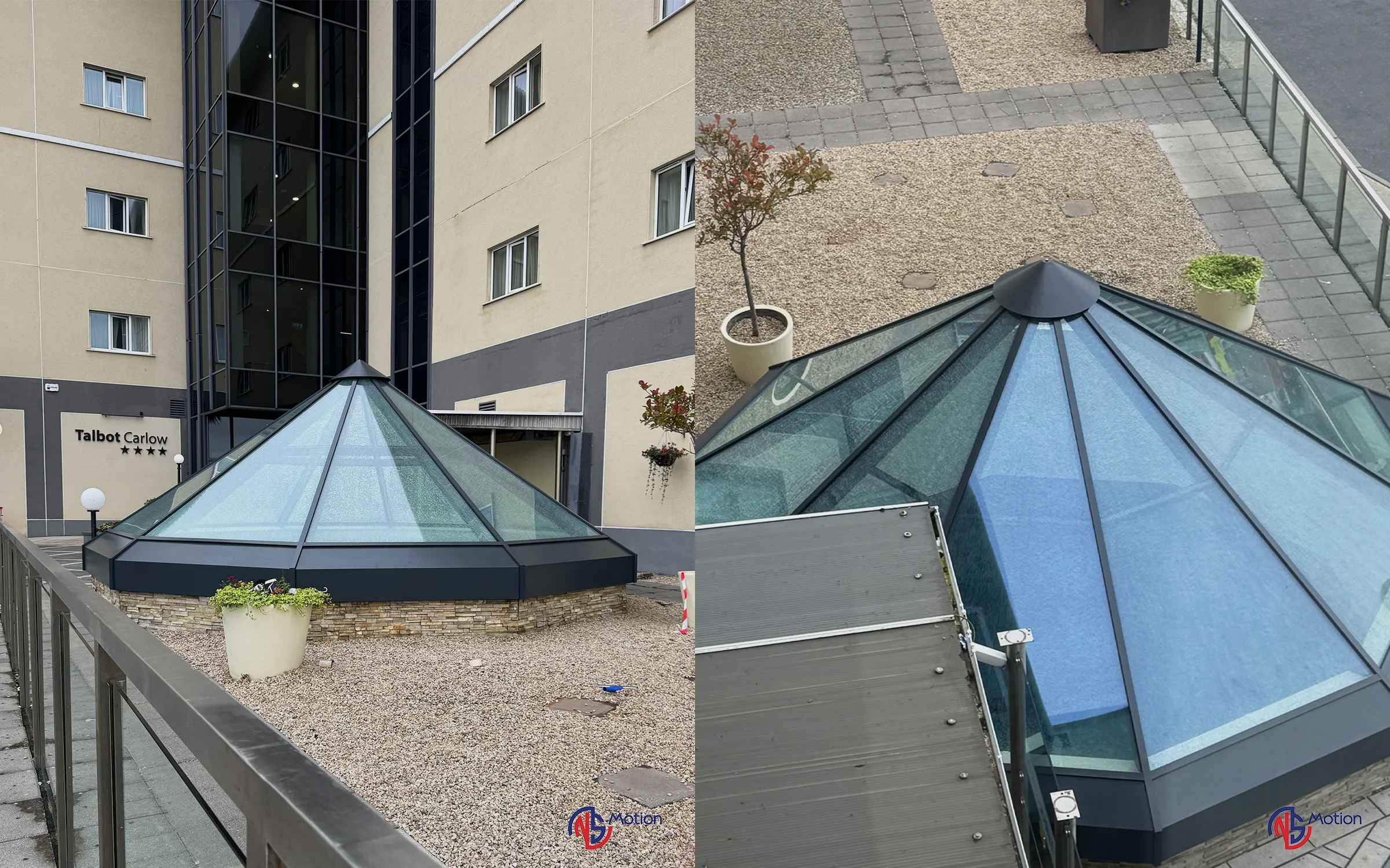 Octagonal aluminium and blue glass pyramid roof lantern at Talbot Carlow Hotel Ireland